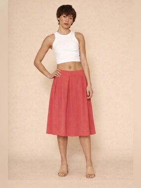 Eddie Bauer Coral Cotton Midi Skirt Size 16 Tall Pleated Classic Preppy Modest